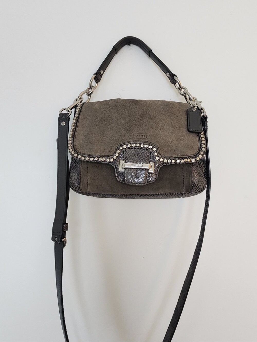 Coach Gray Suede Shoulder Bag with Snakeskin Trim and Crystal Hardware